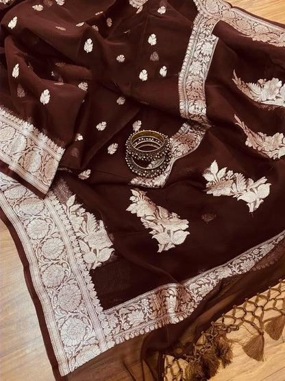 Zynah Pure Banarasi Handloom Khaddi Georgette Saree, Zari Border & Butis; Custom Stitched/Ready-made Blouse, Fall, Petticoat; Shipping available USA, Worldwide