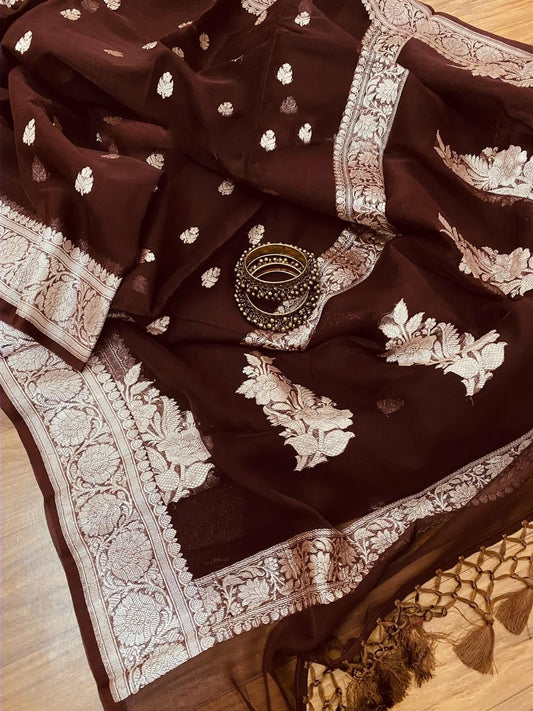Zynah Pure Banarasi Handloom Khaddi Georgette Saree, Zari Border & Butis; Custom Stitched/Ready-made Blouse, Fall, Petticoat; Shipping available USA, Worldwide