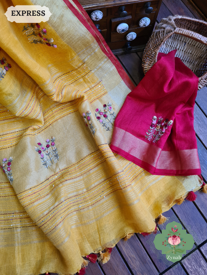 Zynah Yellow Organic & Superior Count Pure Linen By Linen Saree With Zari Border, French-knot Embroidered Butis & Kantha Work Pallu; Custom Stitched/Ready-made Blouse, Fall, Petticoat; SKU: 2401202301