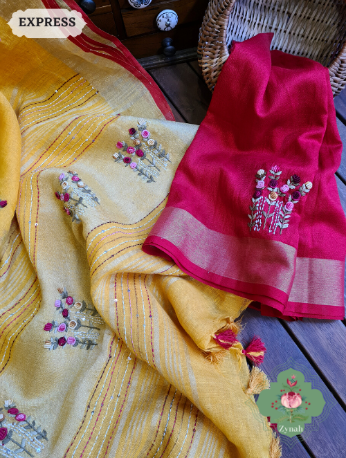 Zynah Yellow Organic & Superior Count Pure Linen By Linen Saree With Zari Border, French-knot Embroidered Butis & Kantha Work Pallu; Custom Stitched/Ready-made Blouse, Fall, Petticoat; SKU: 2401202301