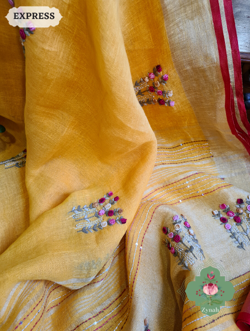 Zynah Yellow Organic & Superior Count Pure Linen By Linen Saree With Zari Border, French-knot Embroidered Butis & Kantha Work Pallu; Custom Stitched/Ready-made Blouse, Fall, Petticoat; SKU: 2401202301