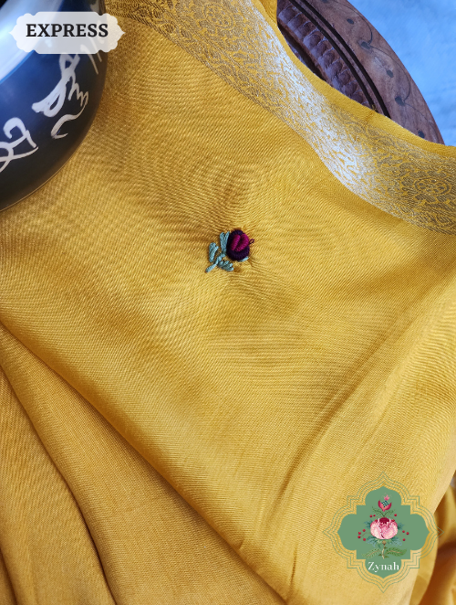 Zynah Yellow Munga Silk Saree With Zari Borders And Frenchknot & Kantha Embroidery; Custom Stitched/Ready-made Blouse, Fall, Petticoat; SKU: 1804202305