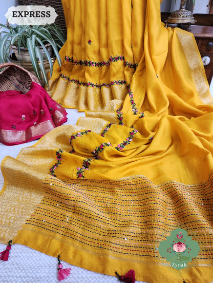 Zynah Yellow Munga Silk Saree With Zari Borders And Frenchknot & Kantha Embroidery; Custom Stitched/Ready-made Blouse, Fall, Petticoat; SKU: 1804202305