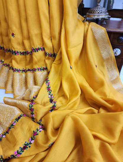Zynah Yellow Munga Silk Saree With Zari Borders And Frenchknot & Kantha Embroidery; Custom Stitched/Ready-made Blouse, Fall, Petticoat; SKU: 1804202305