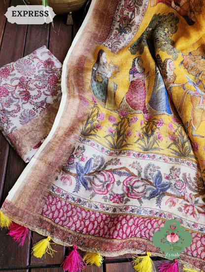 Zynah Yellow Organic Linen Saree With Pichwai Print & Zari Border; Custom Stitched/Ready-made Blouse, Fall, Petticoat; SKU: 0903202301