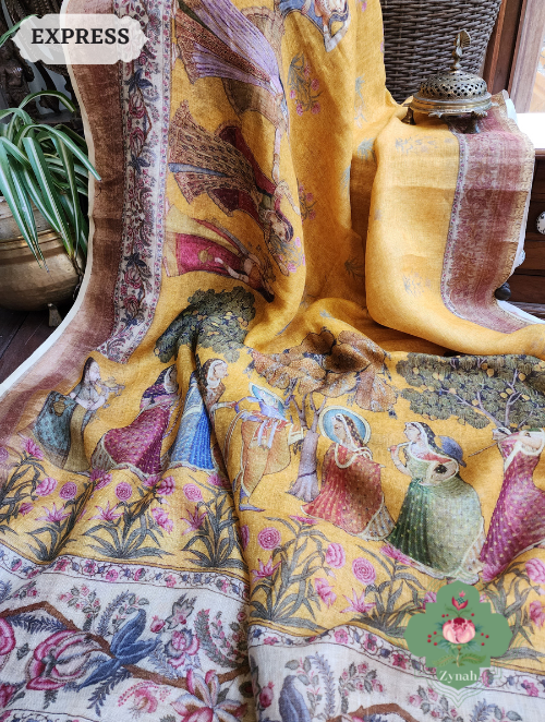 Zynah Yellow Organic Linen Saree With Pichwai Print & Zari Border; Custom Stitched/Ready-made Blouse, Fall, Petticoat; SKU: 0903202301