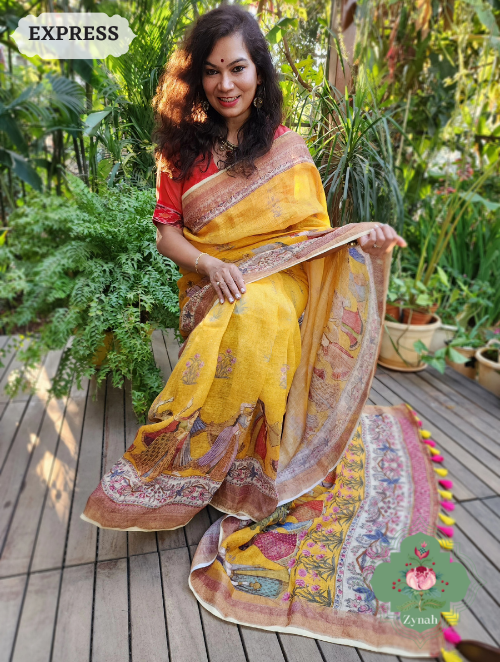 Zynah Yellow Organic Linen Saree With Pichwai Print & Zari Border; Custom Stitched/Ready-made Blouse, Fall, Petticoat; SKU: 0903202301
