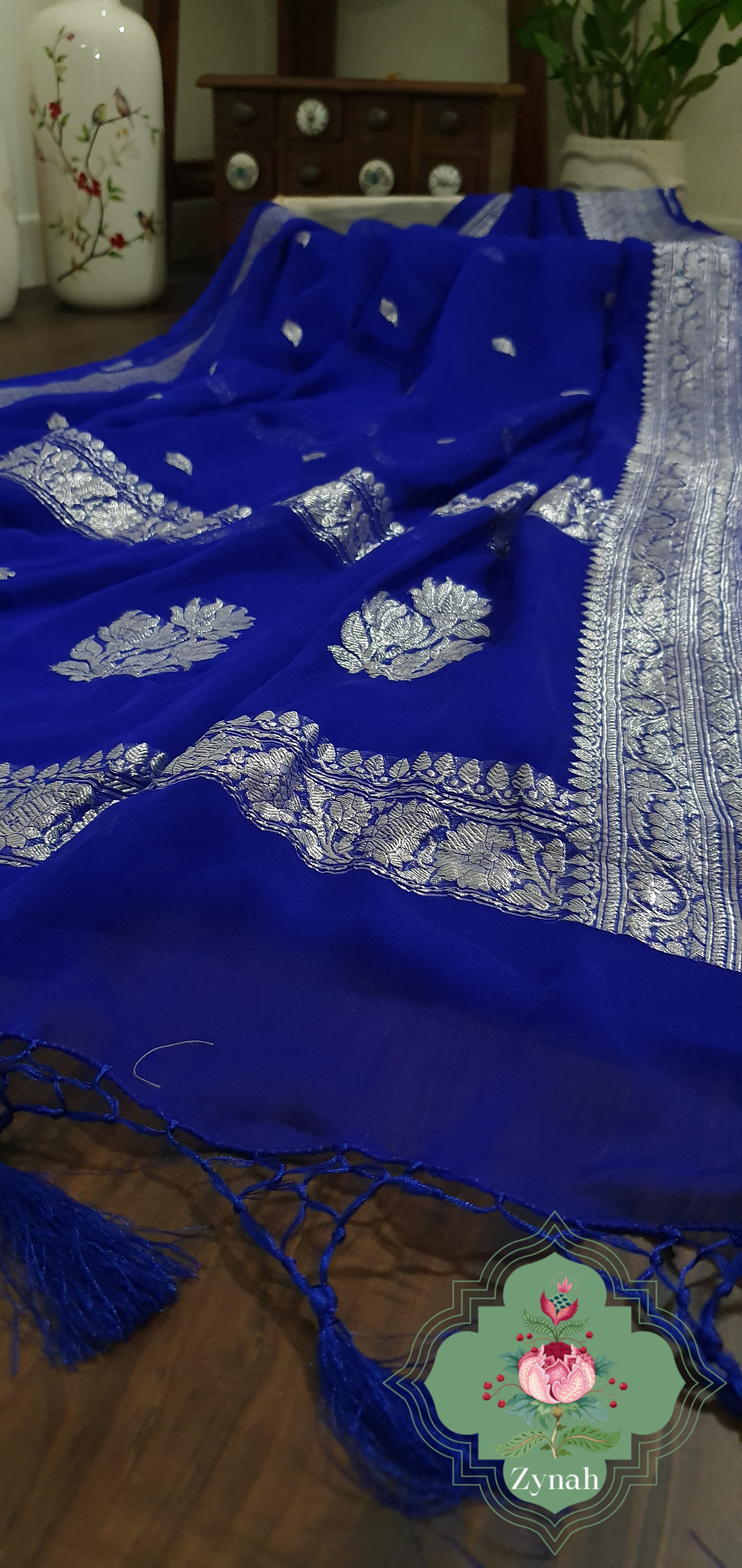 Zynah Blue Color Pure Banarasi Handloom Khaddi Georgette Saree with Zari Border & Butis; Custom Stitched/Ready-made Blouse, Fall, Petticoat; Shipping available USA, Worldwide