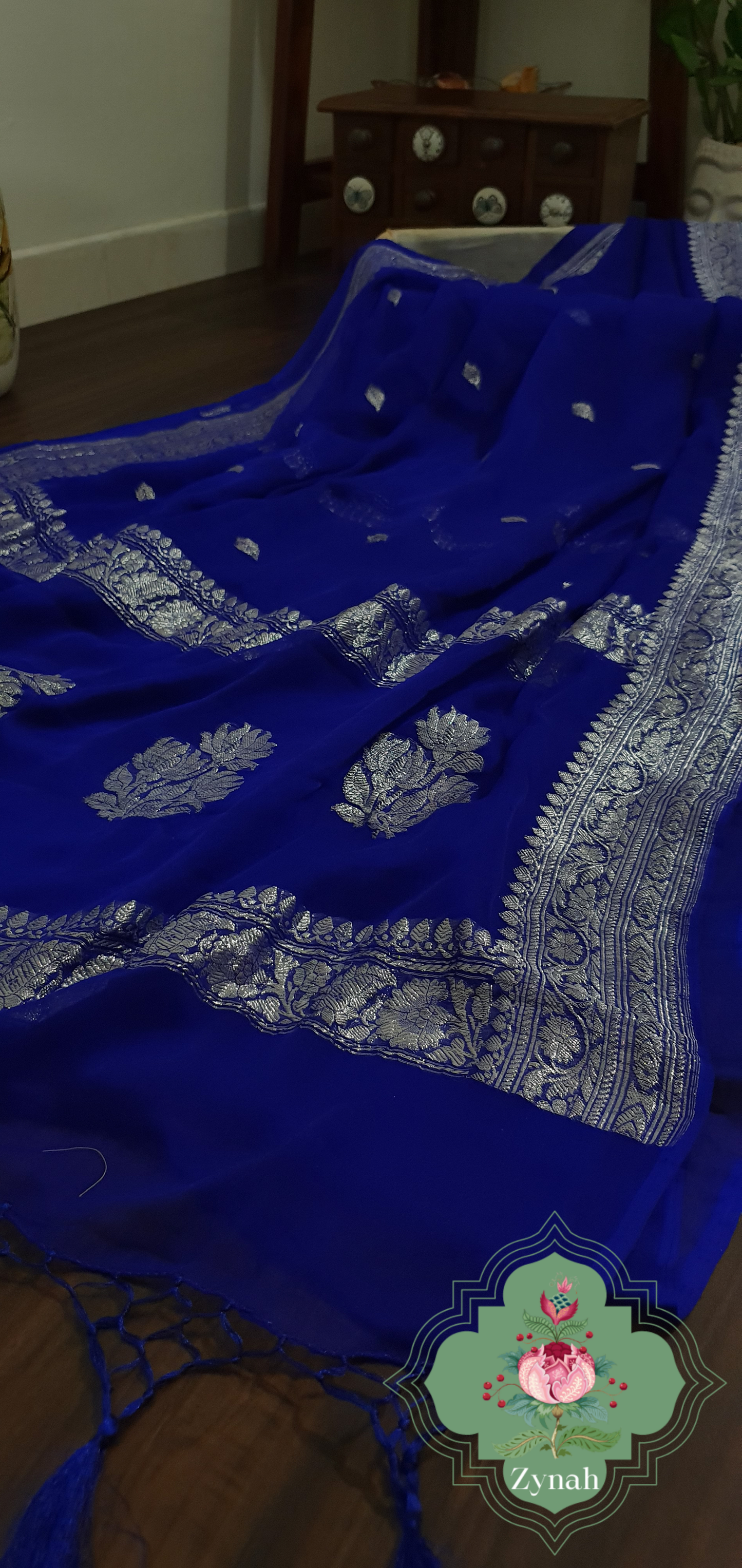 Zynah Blue Color Pure Banarasi Handloom Khaddi Georgette Saree with Zari Border & Butis; Custom Stitched/Ready-made Blouse, Fall, Petticoat; Shipping available USA, Worldwide