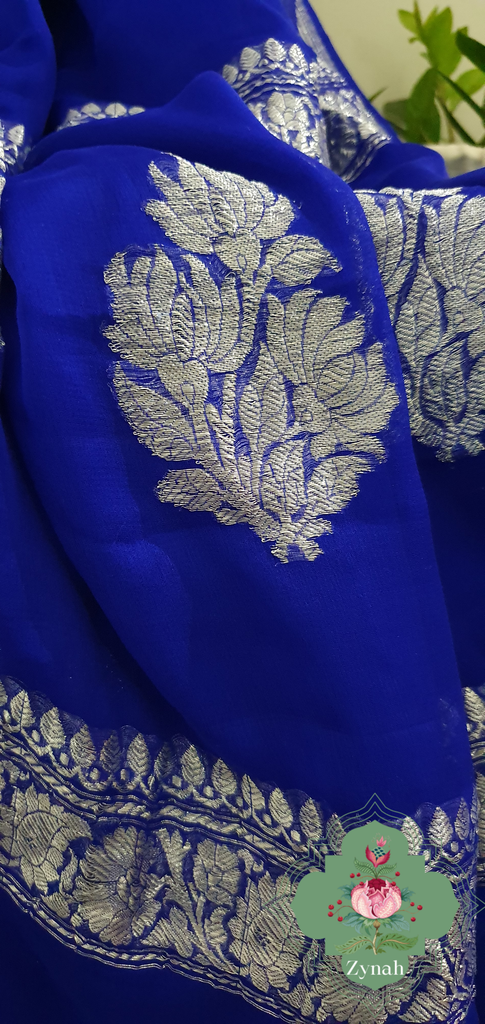 Zynah Blue Color Pure Banarasi Handloom Khaddi Georgette Saree with Zari Border & Butis; Custom Stitched/Ready-made Blouse, Fall, Petticoat; Shipping available USA, Worldwide
