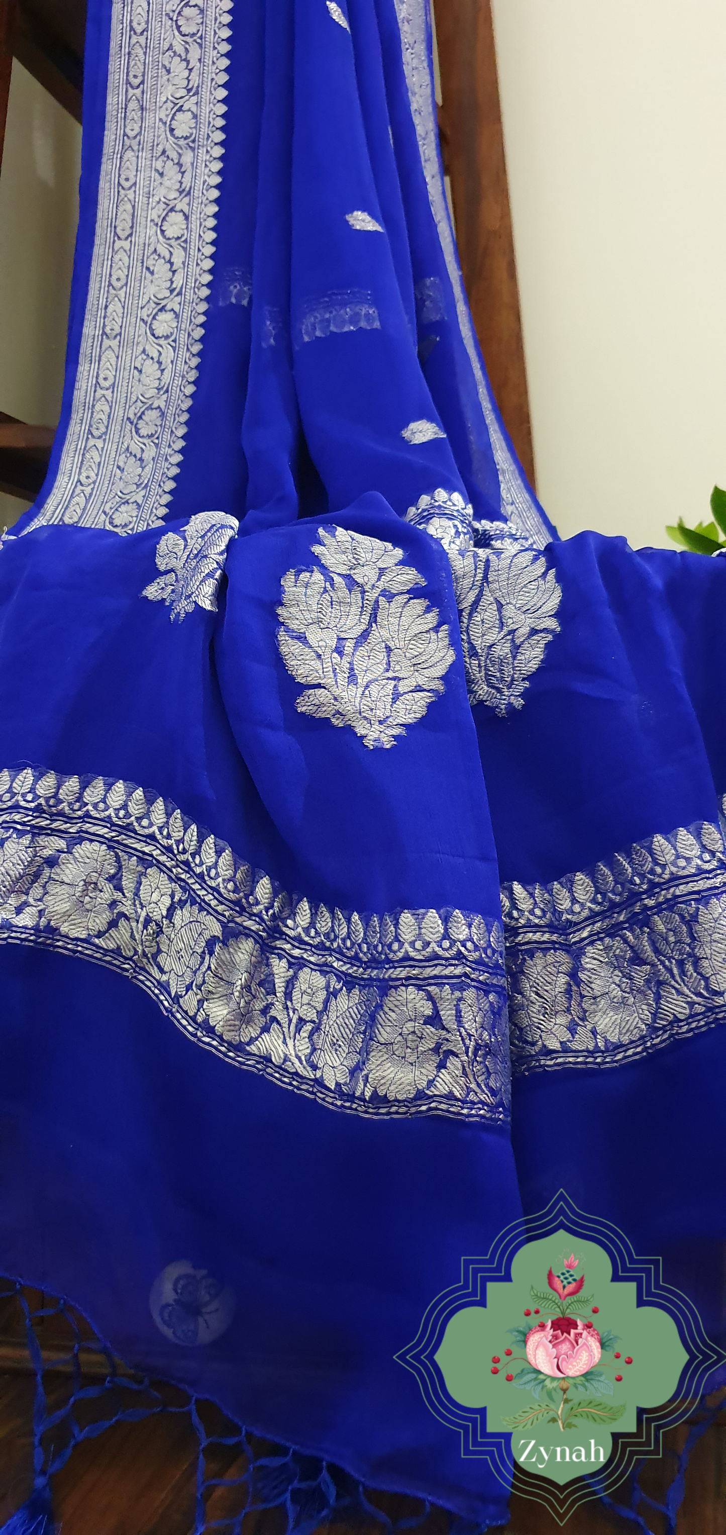 Zynah Blue Color Pure Banarasi Handloom Khaddi Georgette Saree with Zari Border & Butis; Custom Stitched/Ready-made Blouse, Fall, Petticoat; Shipping available USA, Worldwide