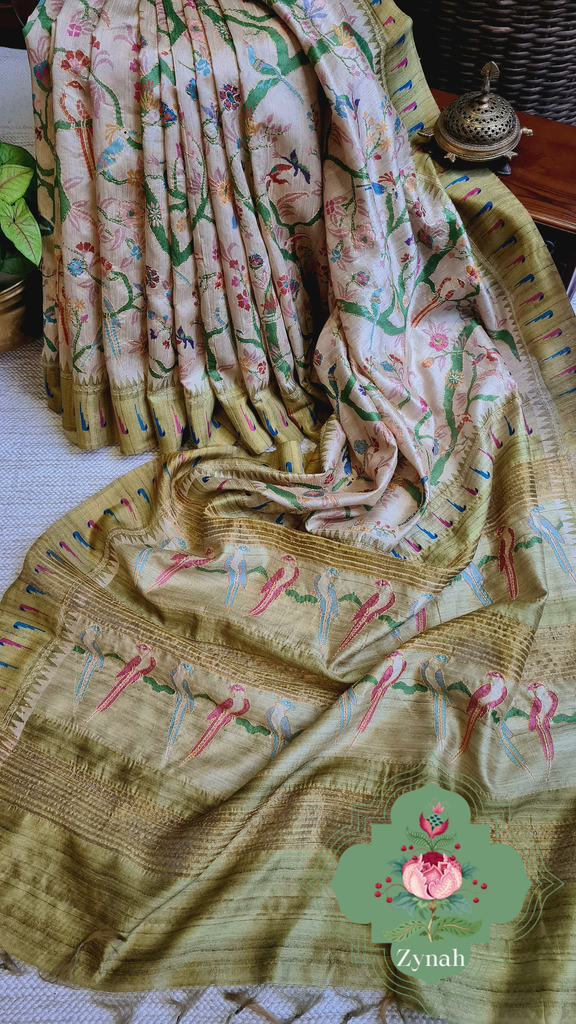 Zynah Olive Green Color Jute Linen Paithani inspired Saree with Kantha Embroidery; Custom Stitched/Ready-made Blouse, Fall, Petticoat; Shipping available USA, Worldwide