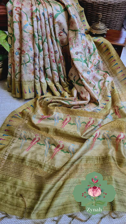 Zynah Olive Green Color Jute Linen Paithani inspired Saree with Kantha Embroidery; Custom Stitched/Ready-made Blouse, Fall, Petticoat; Shipping available USA, Worldwide