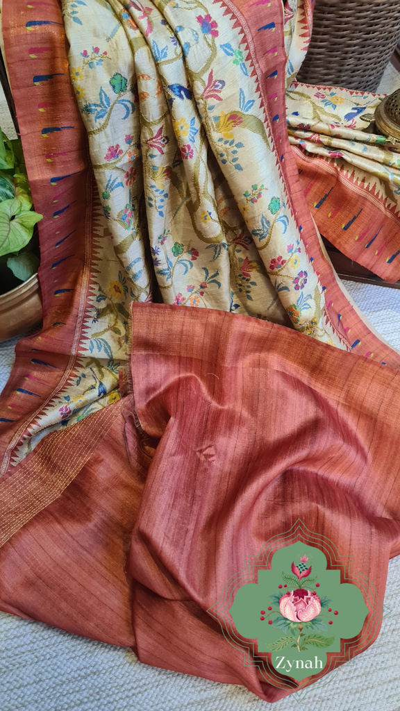 Zynah Rust Color Jute Linen Paithani inspired Saree with Kantha Embroidery; Custom Stitched/Ready-made Blouse, Fall, Petticoat; Shipping available USA, Worldwide