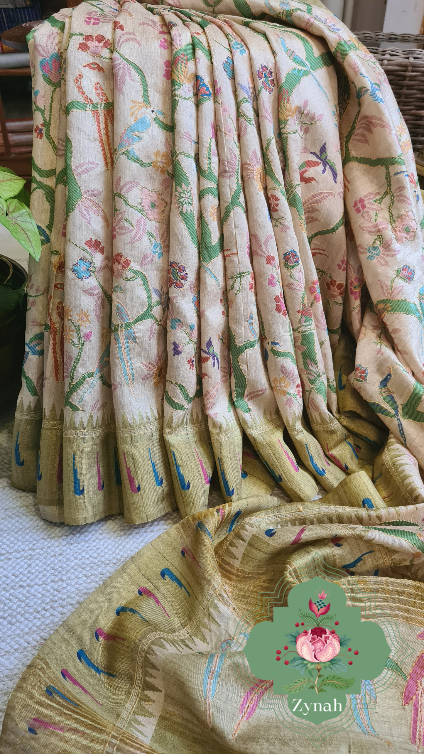 Zynah Olive Green Color Jute Linen Paithani inspired Saree with Kantha Embroidery; Custom Stitched/Ready-made Blouse, Fall, Petticoat; Shipping available USA, Worldwide