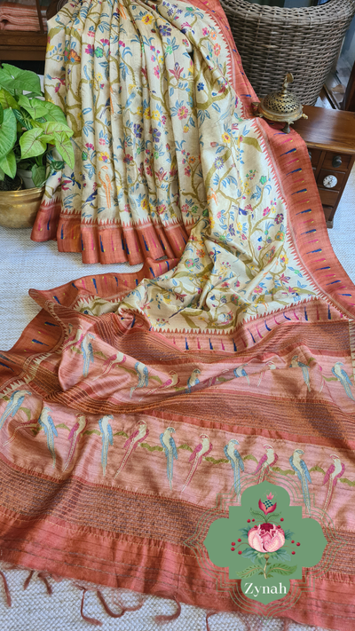 Zynah Rust Color Jute Linen Paithani inspired Saree with Kantha Embroidery; Custom Stitched/Ready-made Blouse, Fall, Petticoat; Shipping available USA, Worldwide