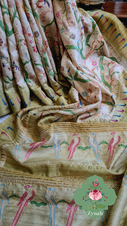 Zynah Olive Green Color Jute Linen Paithani inspired Saree with Kantha Embroidery; Custom Stitched/Ready-made Blouse, Fall, Petticoat; Shipping available USA, Worldwide