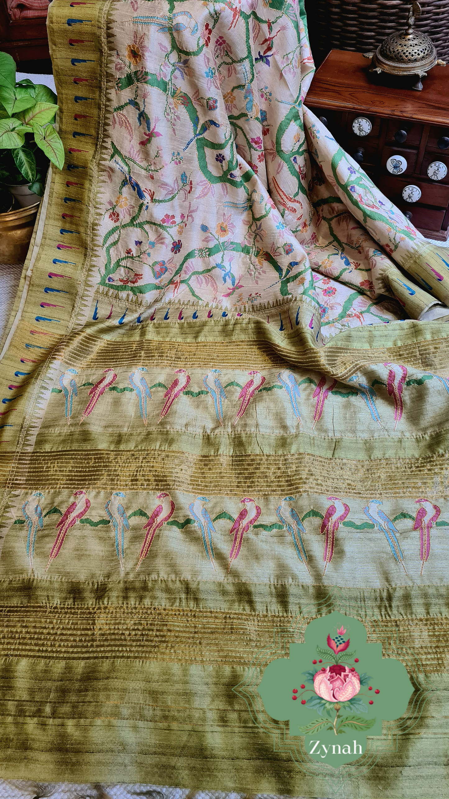 Zynah Olive Green Color Jute Linen Paithani inspired Saree with Kantha Embroidery; Custom Stitched/Ready-made Blouse, Fall, Petticoat; Shipping available USA, Worldwide