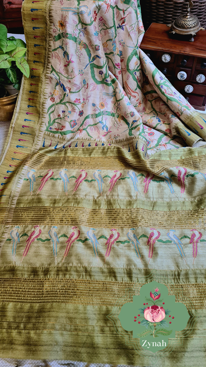 Zynah Olive Green Color Jute Linen Paithani inspired Saree with Kantha Embroidery; Custom Stitched/Ready-made Blouse, Fall, Petticoat; Shipping available USA, Worldwide