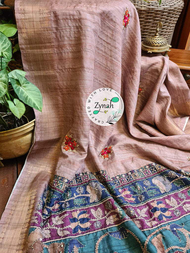 Zynah Beige Color Jute Linen Saree with French-knot, Kantha Embroidery & Kalamkari Pallu; Custom Stitched/Ready-made Blouse, Fall, Petticoat; Shipping available USA, Worldwide