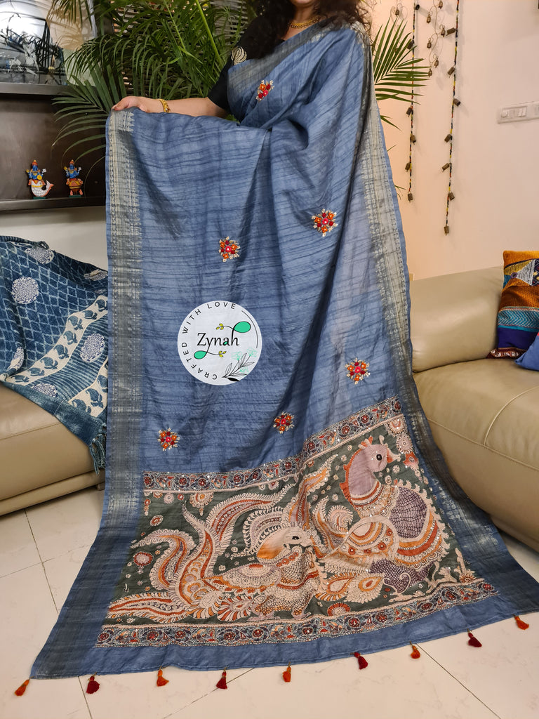Zynah Blue Color Jute Linen Saree with French-knot, Kantha Embroidery & Kalamkari Pallu; Custom Stitched/Ready-made Blouse, Fall, Petticoat; Shipping available USA, Worldwide