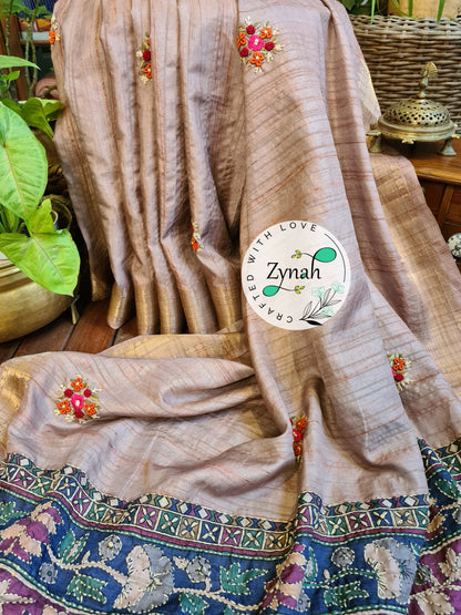Zynah Beige Color Jute Linen Saree with French-knot, Kantha Embroidery & Kalamkari Pallu; Custom Stitched/Ready-made Blouse, Fall, Petticoat; Shipping available USA, Worldwide
