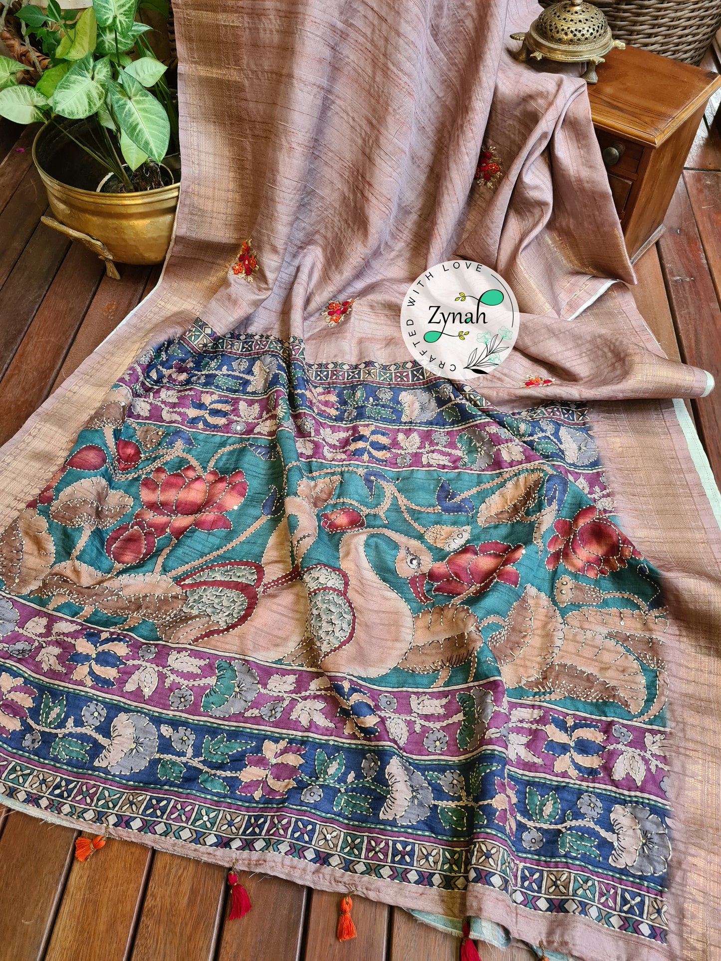 Zynah Beige Color Jute Linen Saree with French-knot, Kantha Embroidery & Kalamkari Pallu; Custom Stitched/Ready-made Blouse, Fall, Petticoat; Shipping available USA, Worldwide