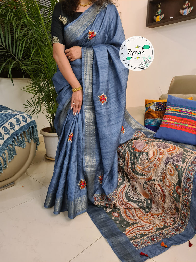 Zynah Blue Color Jute Linen Saree with French-knot, Kantha Embroidery & Kalamkari Pallu; Custom Stitched/Ready-made Blouse, Fall, Petticoat; Shipping available USA, Worldwide