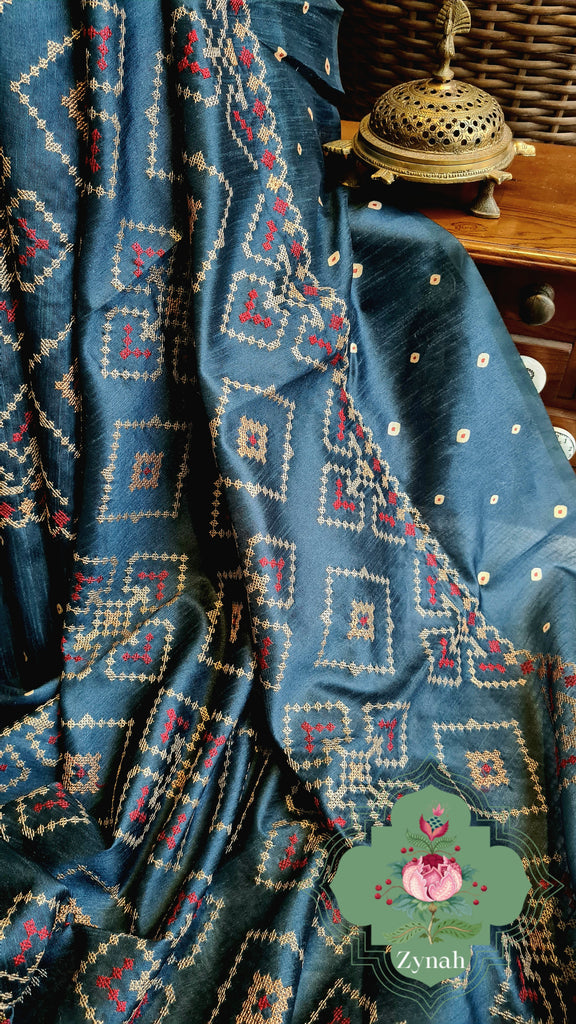 Zynah Teal Blue Color Jute Silk Saree with Cross-stitch Embroidery & Bandhani Pallu; Custom Stitched/Ready-made Blouse, Fall, Petticoat; Shipping available USA, Worldwide