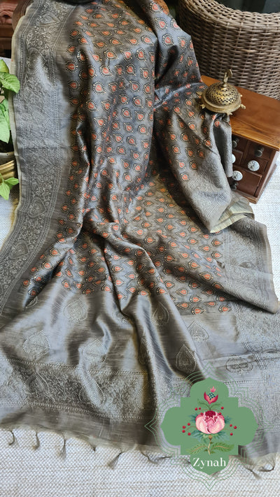Zynah Ash Color Jute Silk Saree with Bagh Print & Chikankari Pallu; Custom Stitched/Ready-made Blouse, Fall, Petticoat; Shipping available USA, Worldwide