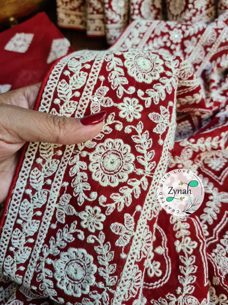 Zynah Red Color Pure Georgette Saree with Chikankari Work; Custom Stitched/Ready-made Blouse, Fall, Petticoat; Shipping available USA, Worldwide