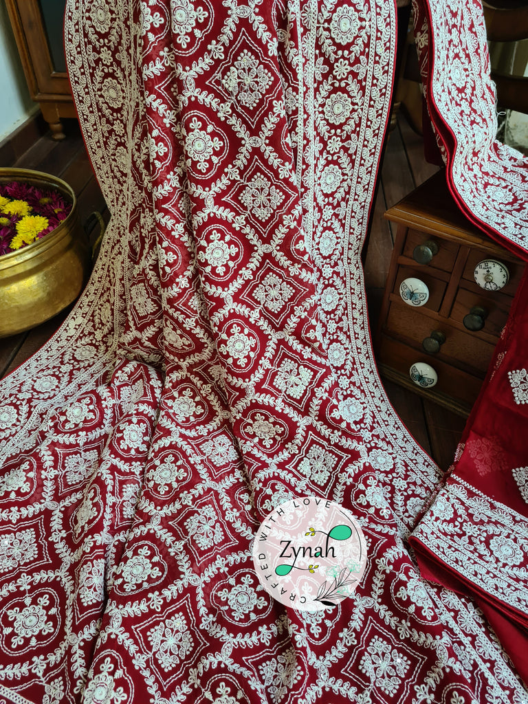 Zynah Red Color Pure Georgette Saree with Chikankari Work; Custom Stitched/Ready-made Blouse, Fall, Petticoat; Shipping available USA, Worldwide