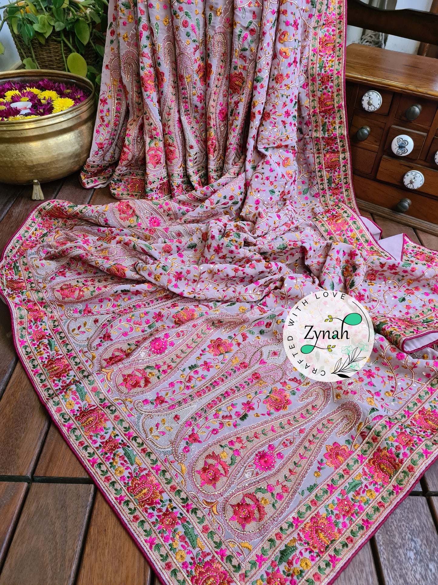 Zynah Light Pink Color Pure Georgette Saree, Kashmiri Kashida inspired embroidery; Custom Stitched/Ready-made Blouse, Fall, Petticoat; Shipping available USA, Worldwide