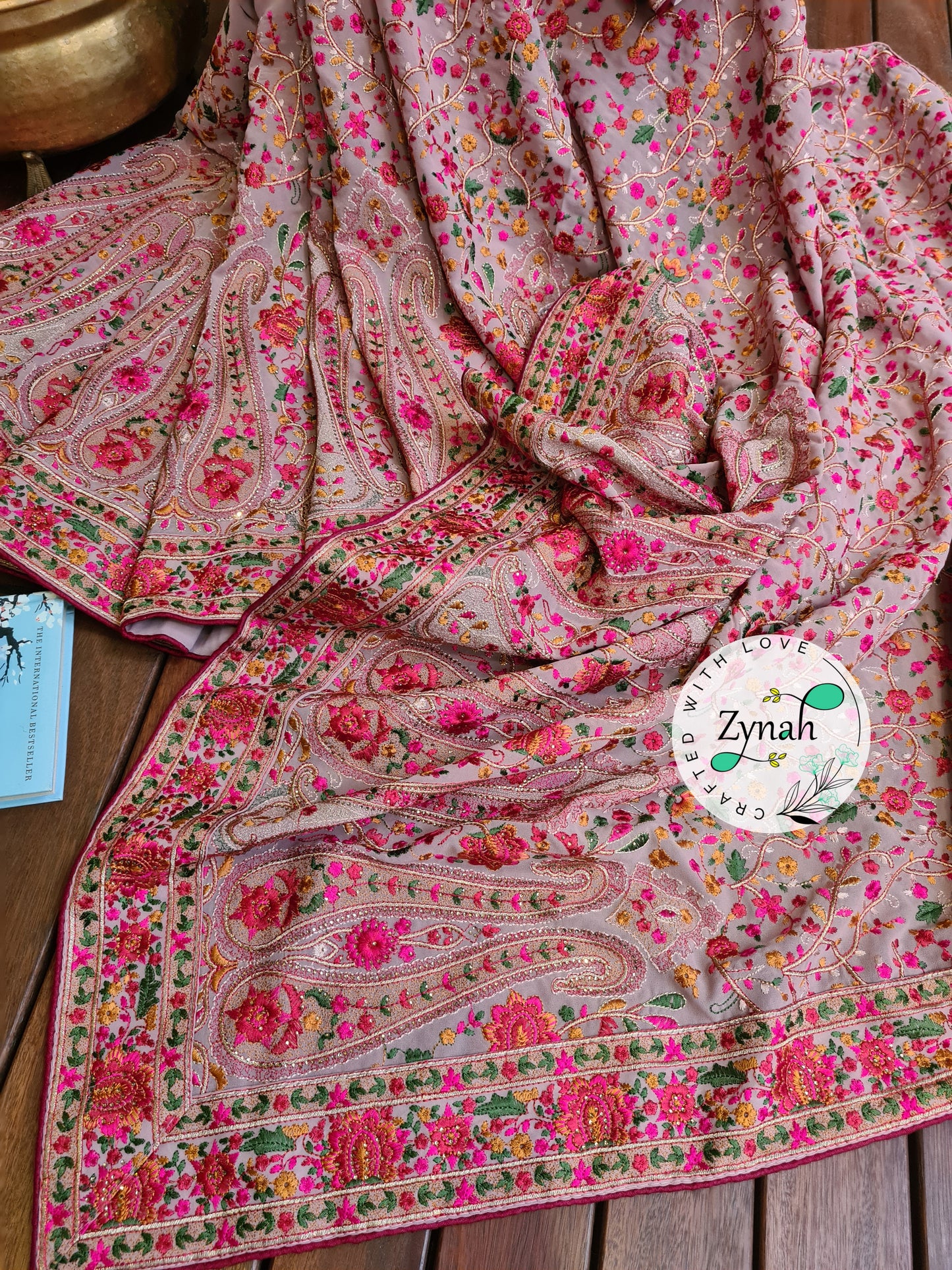 Zynah Light Pink Color Pure Georgette Saree, Kashmiri Kashida inspired embroidery; Custom Stitched/Ready-made Blouse, Fall, Petticoat; Shipping available USA, Worldwide