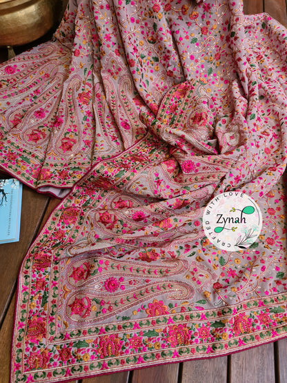 Zynah Light Pink Color Pure Georgette Saree, Kashmiri Kashida inspired embroidery; Custom Stitched/Ready-made Blouse, Fall, Petticoat; Shipping available USA, Worldwide