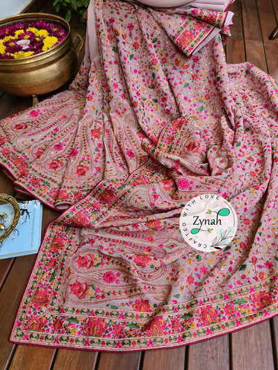Zynah Light Pink Color Pure Georgette Saree, Kashmiri Kashida inspired embroidery; Custom Stitched/Ready-made Blouse, Fall, Petticoat; Shipping available USA, Worldwide