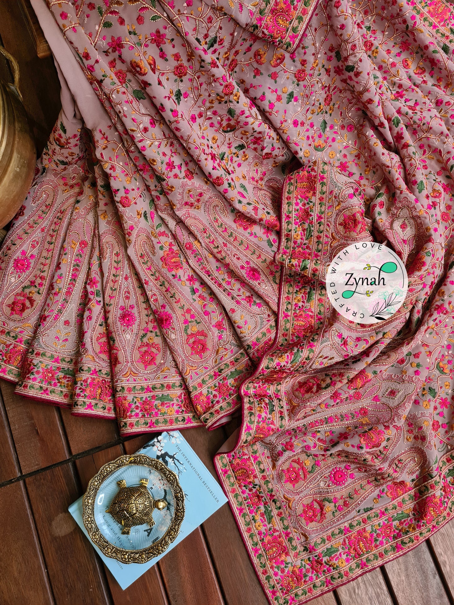 Zynah Light Pink Color Pure Georgette Saree, Kashmiri Kashida inspired embroidery; Custom Stitched/Ready-made Blouse, Fall, Petticoat; Shipping available USA, Worldwide