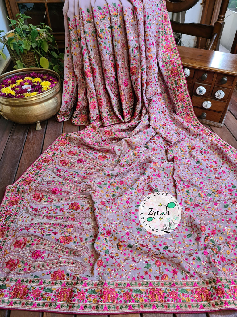 Zynah Light Pink Color Pure Georgette Saree, Kashmiri Kashida inspired embroidery; Custom Stitched/Ready-made Blouse, Fall, Petticoat; Shipping available USA, Worldwide