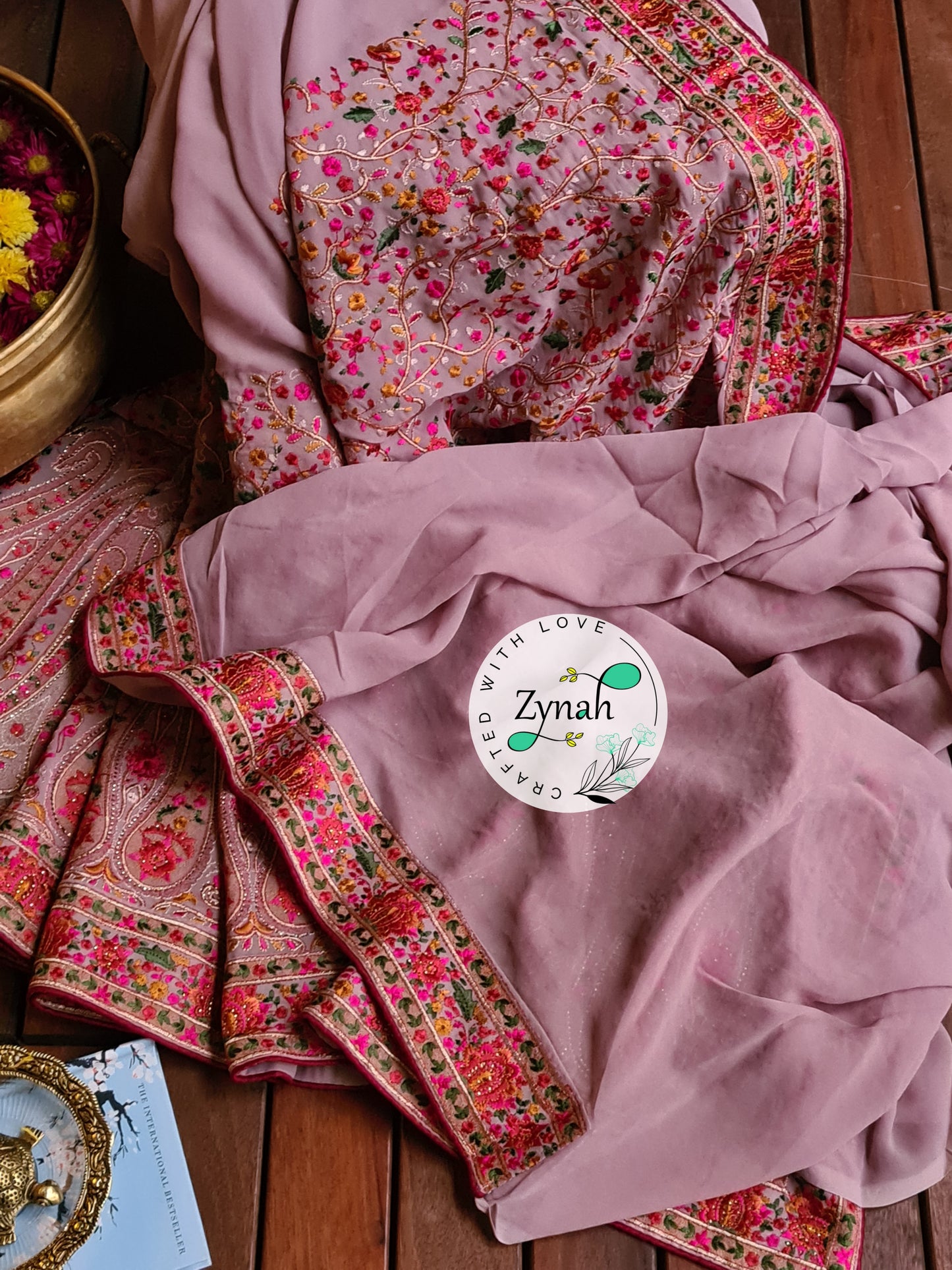 Zynah Light Pink Color Pure Georgette Saree, Kashmiri Kashida inspired embroidery; Custom Stitched/Ready-made Blouse, Fall, Petticoat; Shipping available USA, Worldwide