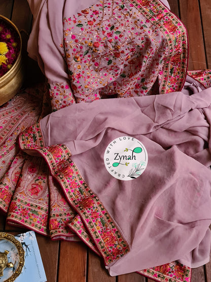 Zynah Light Pink Color Pure Georgette Saree, Kashmiri Kashida inspired embroidery; Custom Stitched/Ready-made Blouse, Fall, Petticoat; Shipping available USA, Worldwide