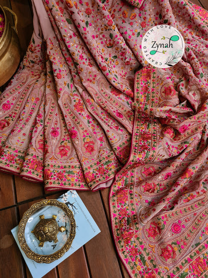 Zynah Light Pink Color Pure Georgette Saree, Kashmiri Kashida inspired embroidery; Custom Stitched/Ready-made Blouse, Fall, Petticoat; Shipping available USA, Worldwide