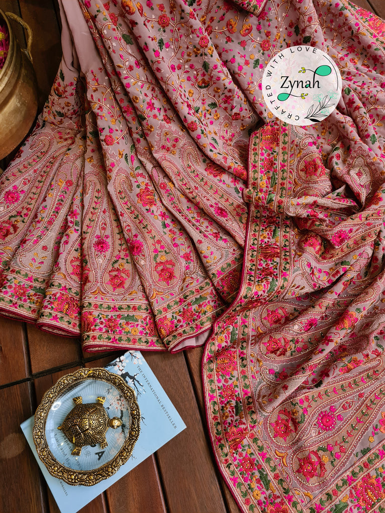 Zynah Light Pink Color Pure Georgette Saree, Kashmiri Kashida inspired embroidery; Custom Stitched/Ready-made Blouse, Fall, Petticoat; Shipping available USA, Worldwide