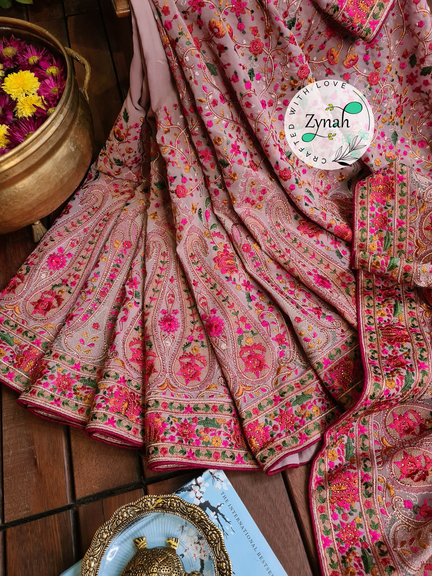 Zynah Light Pink Color Pure Georgette Saree, Kashmiri Kashida inspired embroidery; Custom Stitched/Ready-made Blouse, Fall, Petticoat; Shipping available USA, Worldwide