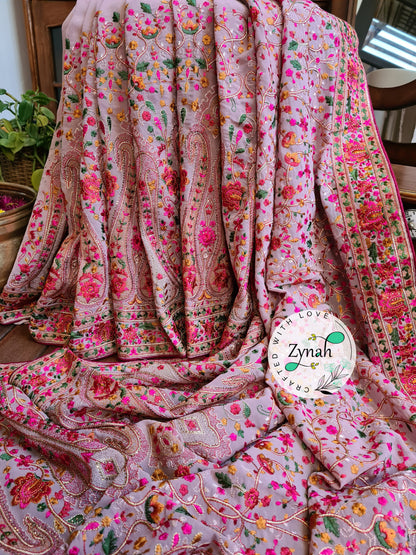 Zynah Light Pink Color Pure Georgette Saree, Kashmiri Kashida inspired embroidery; Custom Stitched/Ready-made Blouse, Fall, Petticoat; Shipping available USA, Worldwide