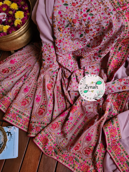 Zynah Light Pink Color Pure Georgette Saree, Kashmiri Kashida inspired embroidery; Custom Stitched/Ready-made Blouse, Fall, Petticoat; Shipping available USA, Worldwide
