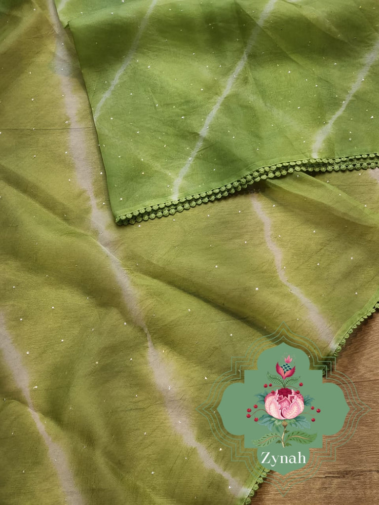 Zynah Green Color Pure Organza Silk Saree with Hand-painted Lehariya & Mukaish Work; Custom Stitched/Ready-made Blouse, Fall, Petticoat; Shipping available USA, Worldwide
