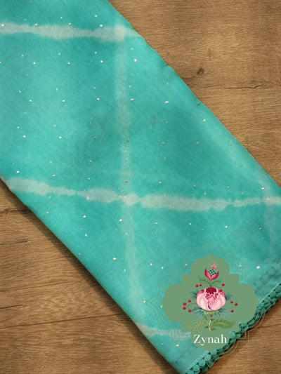 Zynah Teal Blue Color Pure Organza Silk Saree with Hand-painted Lehariya & Mukaish Work; Custom Stitched/Ready-made Blouse, Fall, Petticoat; Shipping available USA, Worldwide