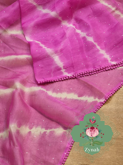 Zynah Hot Pink Color Pure Organza Silk Saree with Hand-painted Lehariya & Mukaish Work; Custom Stitched/Ready-made Blouse, Fall, Petticoat; Shipping available USA, Worldwide