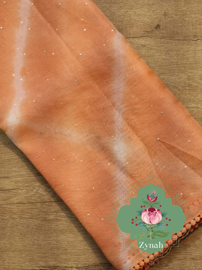 Zynah Peach Color Pure Organza Silk Saree with Hand-painted Lehariya & Mukaish Work; Custom Stitched/Ready-made Blouse, Fall, Petticoat; Shipping available USA, Worldwide