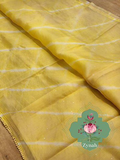 Zynah Yellow Color Pure Organza Silk Saree with Hand-painted Lehariya & Mukaish Work; Custom Stitched/Ready-made Blouse, Fall, Petticoat; Shipping available USA, Worldwide